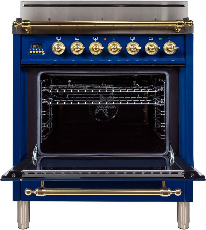 ILVE 30" Nostalgie Gas Range with 5 Burners - 3 cu. ft. Oven - Brass Trim - Midnight Blue (UPN76DVGGBL)