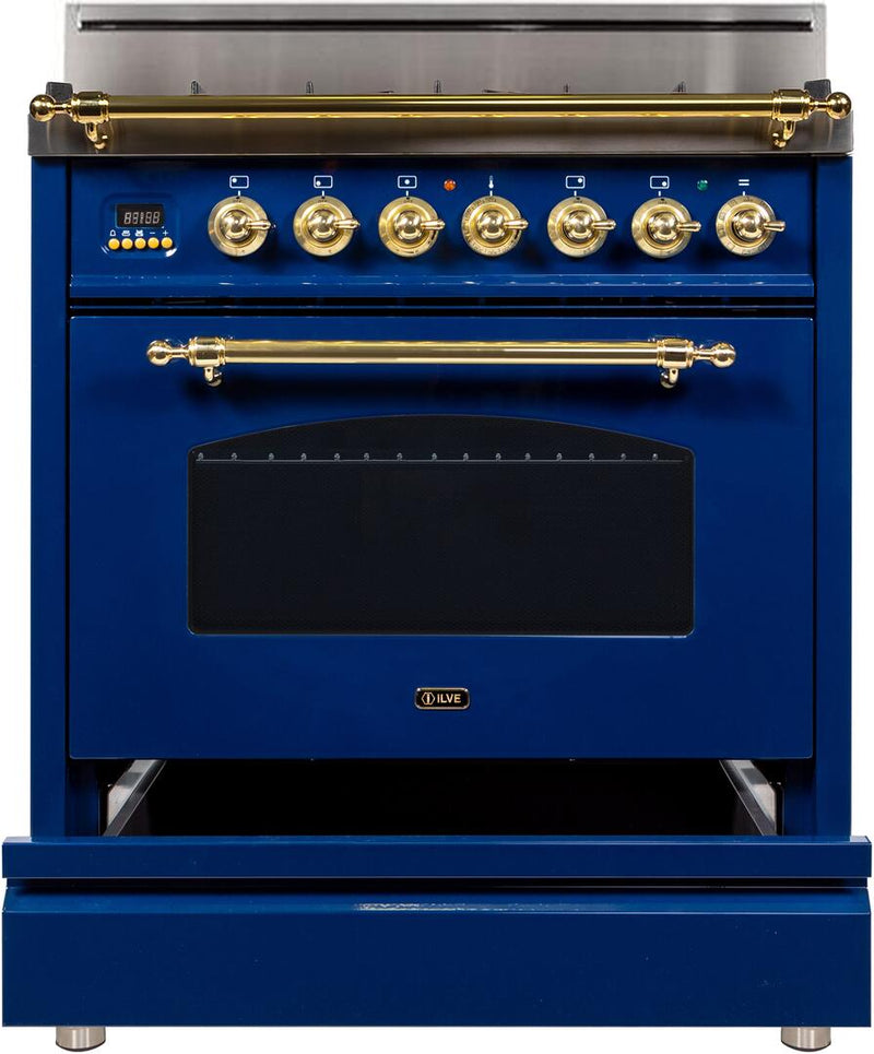 ILVE 30" Nostalgie Gas Range with 5 Burners - 3 cu. ft. Oven - Brass Trim - Midnight Blue (UPN76DVGGBL)