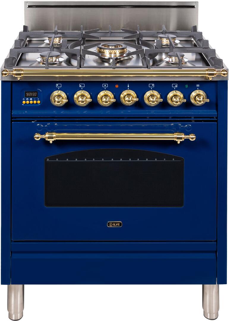 ILVE 30" Nostalgie Gas Range with 5 Burners - 3 cu. ft. Oven - Brass Trim - Midnight Blue (UPN76DVGGBL)