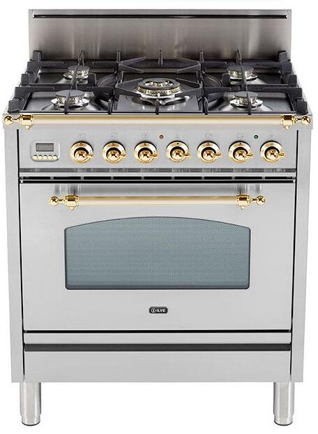 ILVE 30" Nostalgie Gas Range with 5 Burners - 3 cu. ft. Oven - Brass Trim - Stainless Steel (UPN76DVGGI)