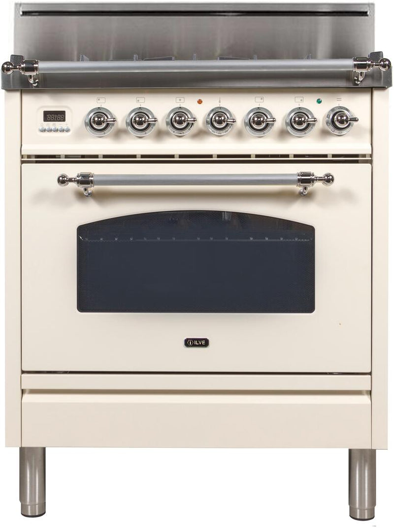 ILVE 30" Nostalgie Gas Range with 5 Burners - 3 cu. ft. Oven - Chrome Trim - Antique White (UPN76DVGGAX)