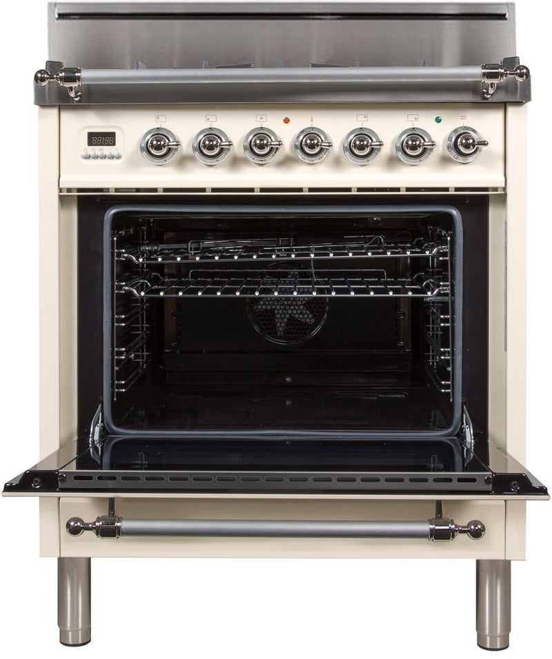 ILVE 30" Nostalgie Gas Range with 5 Burners - 3 cu. ft. Oven - Chrome Trim - Antique White (UPN76DVGGAX)