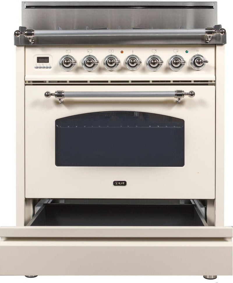 ILVE 30" Nostalgie Gas Range with 5 Burners - 3 cu. ft. Oven - Chrome Trim - Antique White (UPN76DVGGAX)