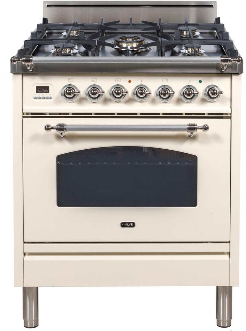 ILVE 30" Nostalgie Gas Range with 5 Burners - 3 cu. ft. Oven - Chrome Trim - Antique White (UPN76DVGGAX)