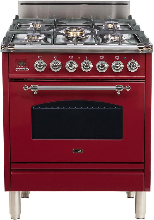 ILVE 30" Nostalgie Gas Range with 5 Burners - 3 cu. ft. Oven - Chrome Trim - Burgundy (UPN-76-DVGG-RB-X)