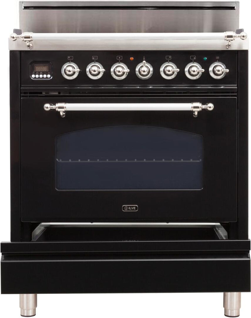 ILVE 30" Nostalgie Gas Range with 5 Burners - 3 cu. ft. Oven - Chrome Trim - Gloss Black (UPN76DVGGNX)