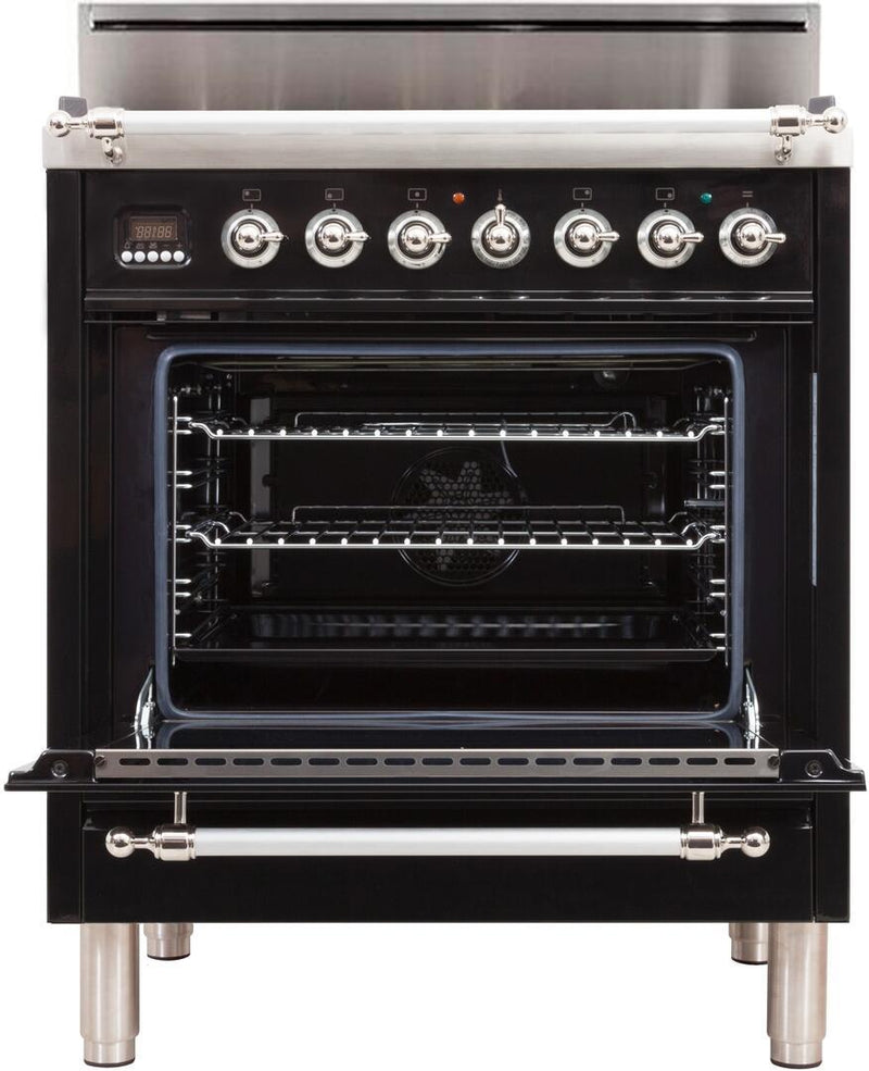 ILVE 30" Nostalgie Gas Range with 5 Burners - 3 cu. ft. Oven - Chrome Trim - Gloss Black (UPN76DVGGNX)