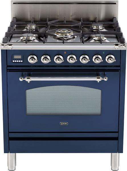 ILVE 30" Nostalgie Gas Range with 5 Burners - 3 cu. ft. Oven - Chrome Trim - Midnight Blue (UPN76DVGGBLX)