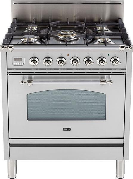 ILVE 30" Nostalgie Gas Range with 5 Burners - 3 cu. ft. Oven - Chrome Trim - Stainless Steel (UPN76DVGGIX)