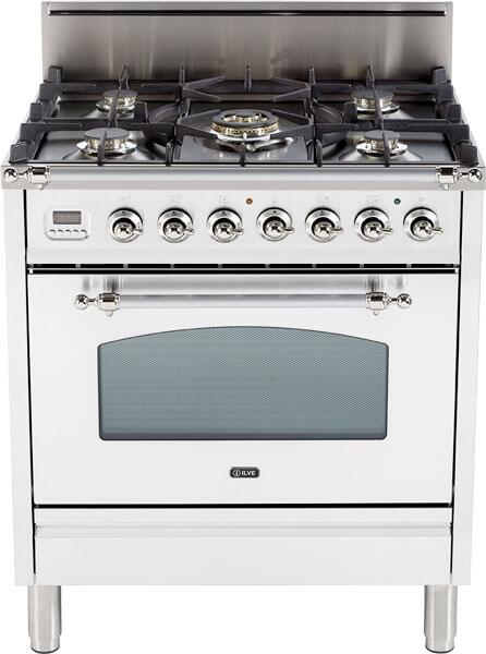 ILVE 30" Nostalgie Gas Range with 5 Burners - 3 cu. ft. Oven - Chrome Trim - True White (UPN76DVGGBX)