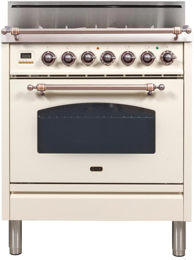 ILVE 30" Nostalgie Gas Range with 5 Burners - 3 cu. ft. Oven - Oiled Bronze Trim - Antique White (UPN76DVGGAY)