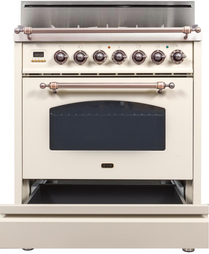 ILVE 30" Nostalgie Gas Range with 5 Burners - 3 cu. ft. Oven - Oiled Bronze Trim - Antique White (UPN76DVGGAY)