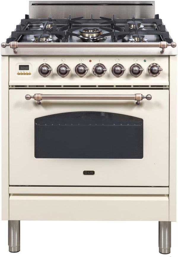 ILVE 30" Nostalgie Gas Range with 5 Burners - 3 cu. ft. Oven - Oiled Bronze Trim - Antique White (UPN76DVGGAY)