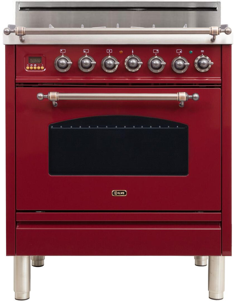 ILVE 30" Nostalgie Gas Range with 5 Burners - 3 cu. ft. Oven - Oiled Bronze Trim - Burgundy (UPN76DVGGRBY)