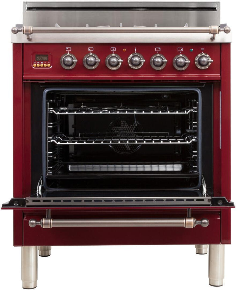 ILVE 30" Nostalgie Gas Range with 5 Burners - 3 cu. ft. Oven - Oiled Bronze Trim - Burgundy (UPN76DVGGRBY)