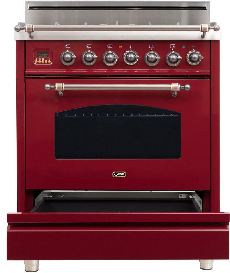 ILVE 30" Nostalgie Gas Range with 5 Burners - 3 cu. ft. Oven - Oiled Bronze Trim - Burgundy (UPN76DVGGRBY)