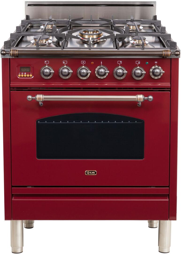 ILVE 30" Nostalgie Gas Range with 5 Burners - 3 cu. ft. Oven - Oiled Bronze Trim - Burgundy (UPN76DVGGRBY)