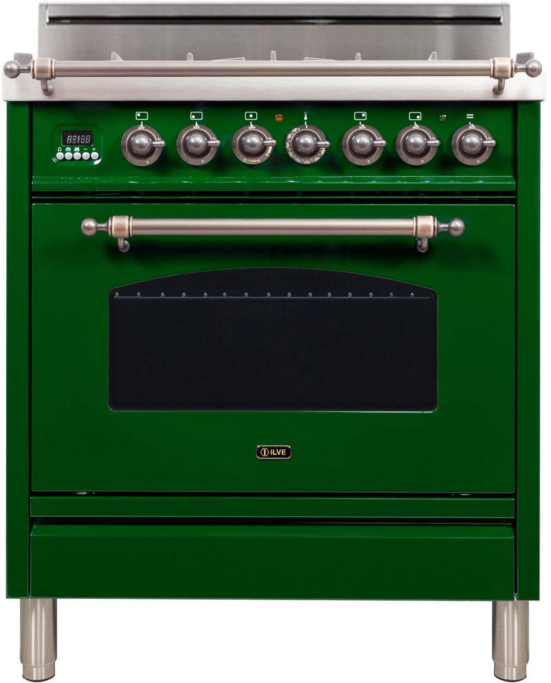 ILVE 30" Nostalgie Gas Range with 5 Burners - 3 cu. ft. Oven - Oiled Bronze Trim - Emerald Green (UPN76DVGGVSY)