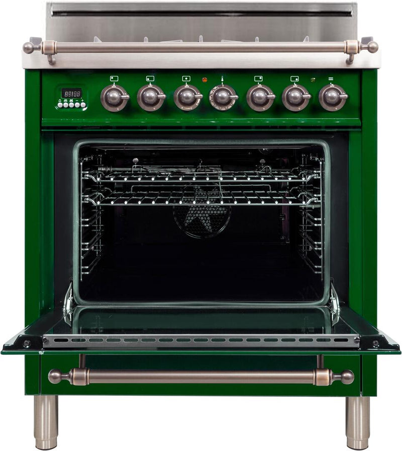 ILVE 30" Nostalgie Gas Range with 5 Burners - 3 cu. ft. Oven - Oiled Bronze Trim - Emerald Green (UPN76DVGGVSY)