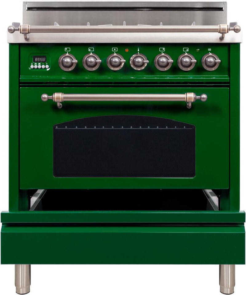 ILVE 30" Nostalgie Gas Range with 5 Burners - 3 cu. ft. Oven - Oiled Bronze Trim - Emerald Green (UPN76DVGGVSY)