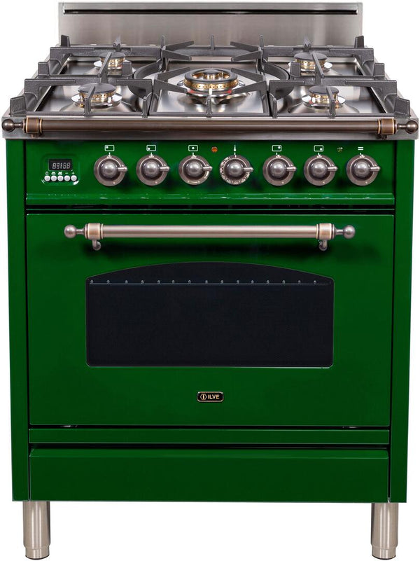 ILVE 30" Nostalgie Gas Range with 5 Burners - 3 cu. ft. Oven - Oiled Bronze Trim - Emerald Green (UPN76DVGGVSY)