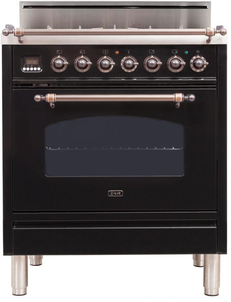 ILVE 30" Nostalgie Gas Range with 5 Burners - 3 cu. ft. Oven - Oiled Bronze Trim - Gloss Black (UPN76DVGGNY)