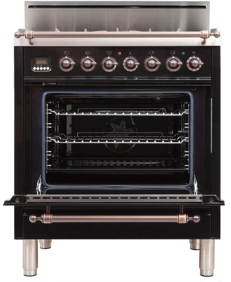 ILVE 30" Nostalgie Gas Range with 5 Burners - 3 cu. ft. Oven - Oiled Bronze Trim - Gloss Black (UPN76DVGGNY)