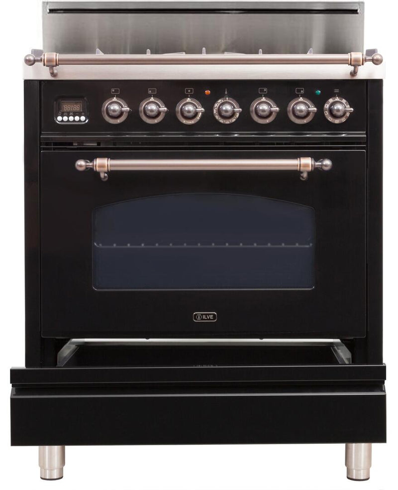 ILVE 30" Nostalgie Gas Range with 5 Burners - 3 cu. ft. Oven - Oiled Bronze Trim - Gloss Black (UPN76DVGGNY)