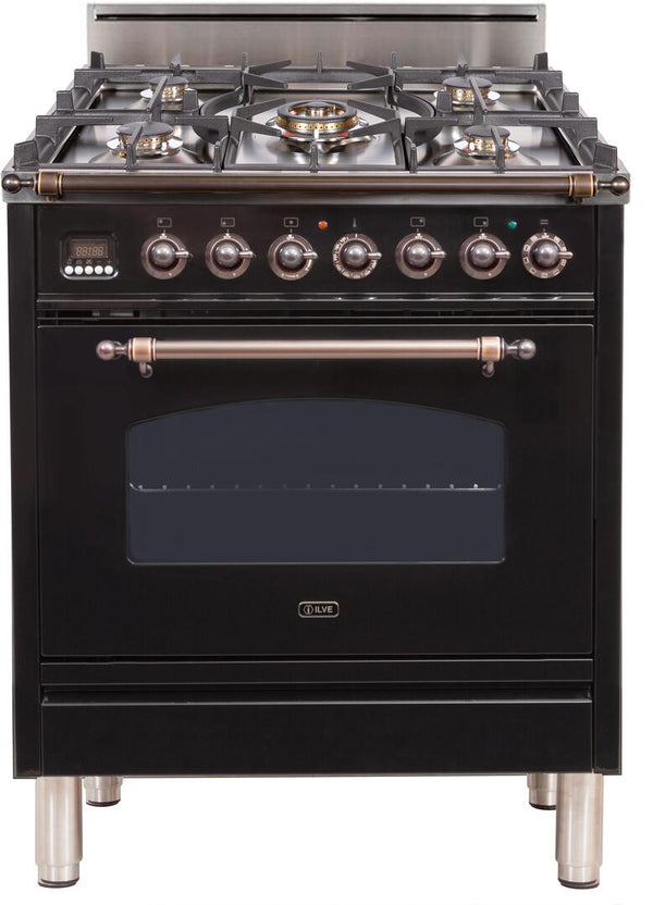 ILVE 30" Nostalgie Gas Range with 5 Burners - 3 cu. ft. Oven - Oiled Bronze Trim - Gloss Black (UPN76DVGGNY)