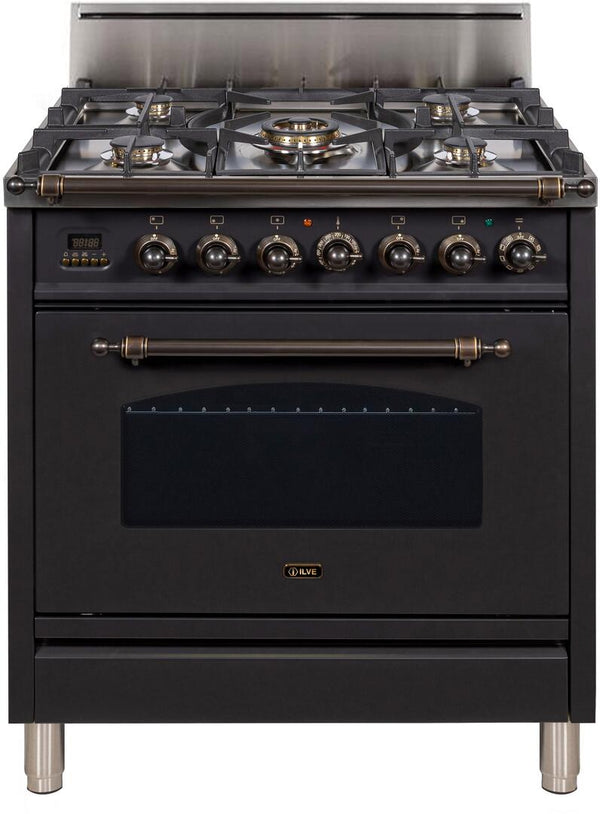 ILVE 30" Nostalgie Gas Range with 5 Burners - 3 cu. ft. Oven - Oiled Bronze Trim - Matte Graphite (UPN76DVGGMY)