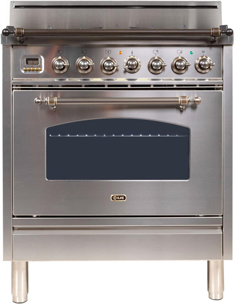 ILVE 30" Nostalgie Gas Range with 5 Burners - 3 cu. ft. Oven - Oiled Bronze Trim - Stainless Steel (UPN76DVGGIY)