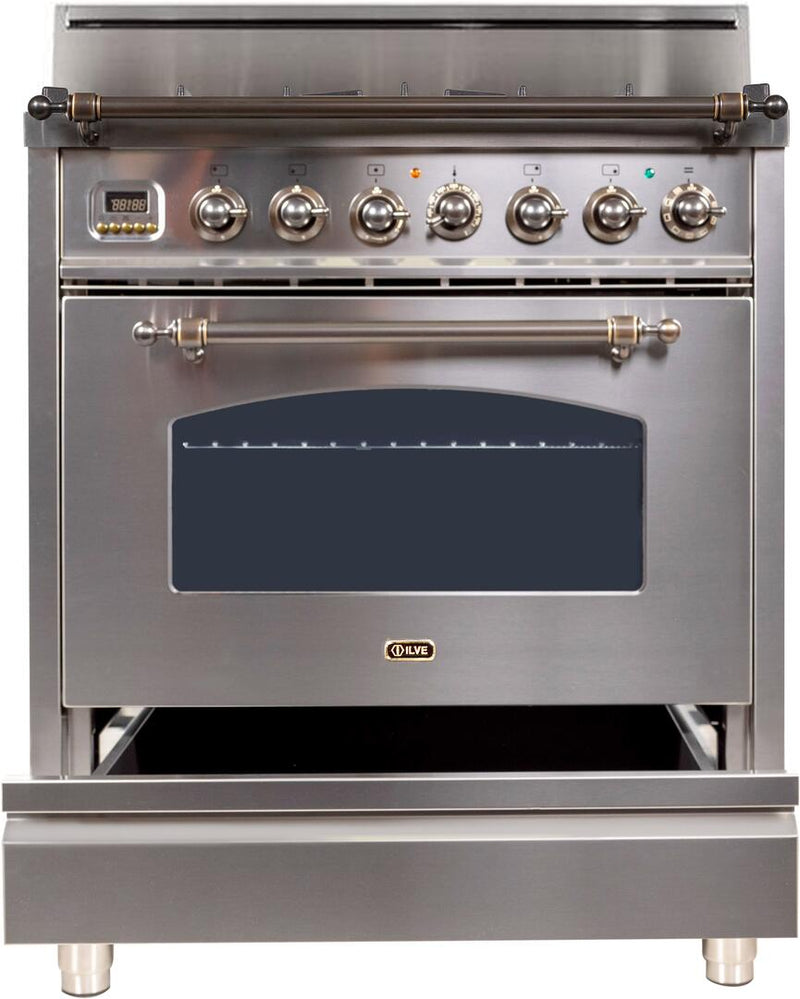 ILVE 30" Nostalgie Gas Range with 5 Burners - 3 cu. ft. Oven - Oiled Bronze Trim - Stainless Steel (UPN76DVGGIY)