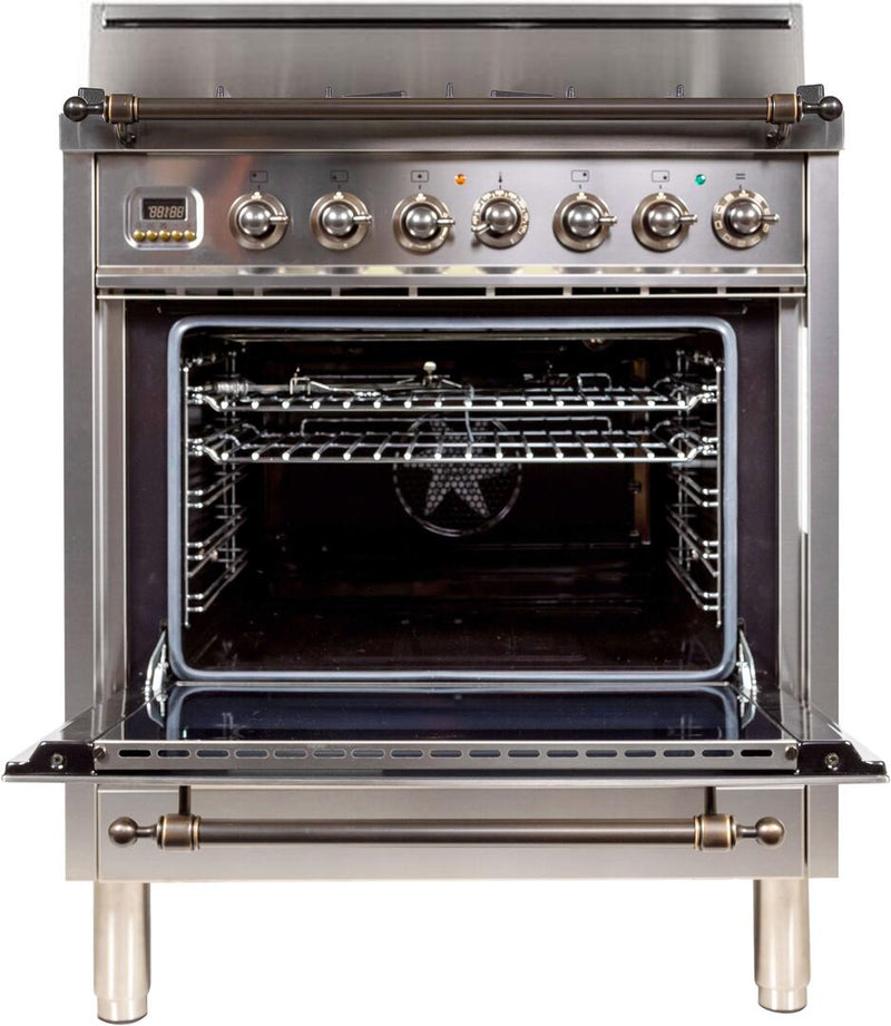 ILVE 30" Nostalgie Gas Range with 5 Burners - 3 cu. ft. Oven - Oiled Bronze Trim - Stainless Steel (UPN76DVGGIY)