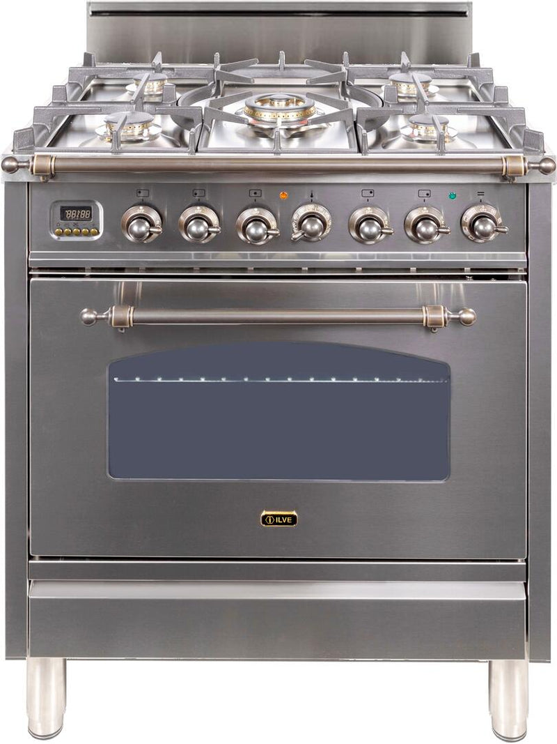 ILVE 30" Nostalgie Gas Range with 5 Burners - 3 cu. ft. Oven - Oiled Bronze Trim - Stainless Steel (UPN76DVGGIY)