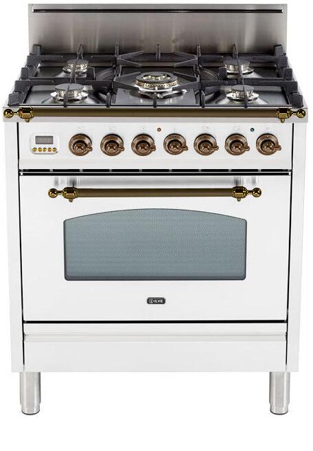 ILVE 30" Nostalgie Gas Range with 5 Burners - 3 cu. ft. Oven - Oiled Bronze Trim - True White (UPN76DVGGBY)