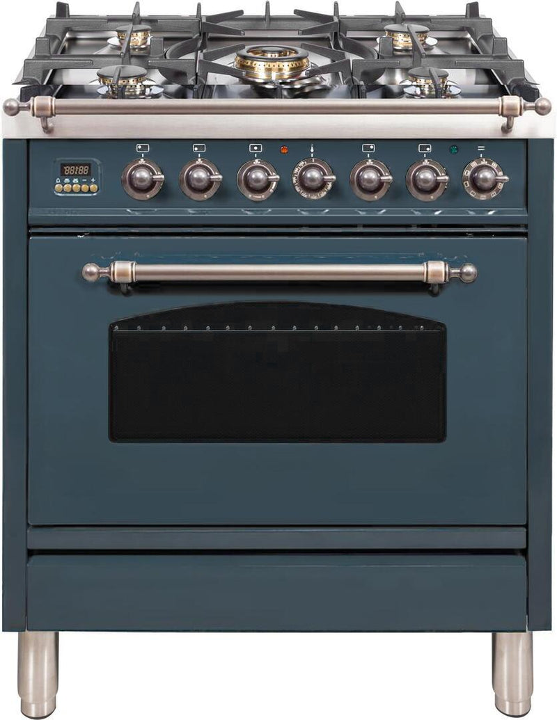 ILVE 30" Nostalgie Series Freestanding Single Oven Dual Fuel Range with 5 Sealed Burners in Blue Grey with Bronze Trim (UPN76DMPGUY)