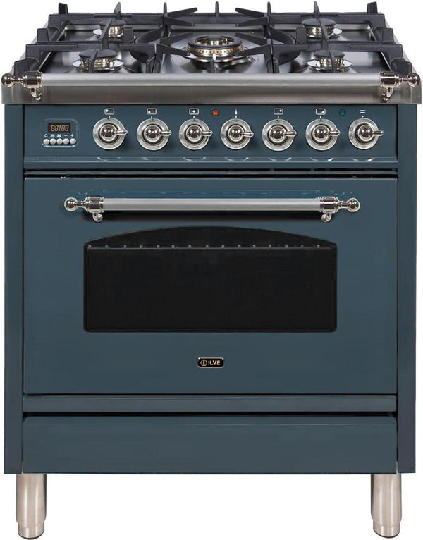 ILVE 30" Nostalgie Series Freestanding Single Oven Dual Fuel Range with 5 Sealed Burners in Blue Grey with Chrome Trim (UPN76DMPGUX)