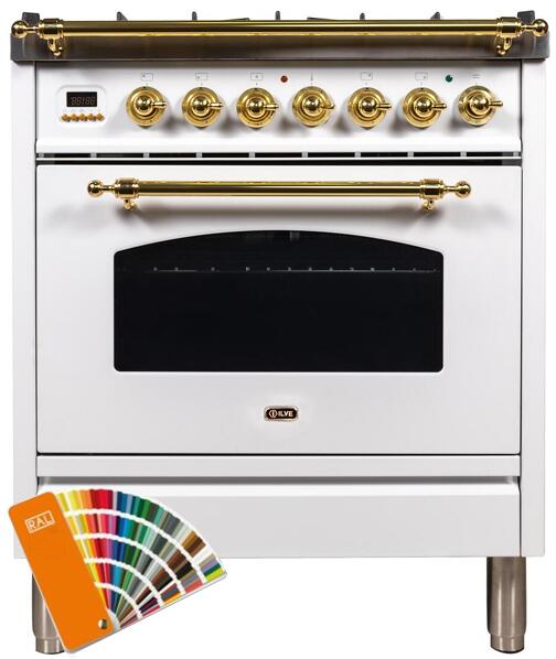 ILVE 30" Nostalgie Series Freestanding Single Oven Dual Fuel Range with 5 Sealed Burners in Custom RAL Color with Brass Trim (UPN76DMPRAL)