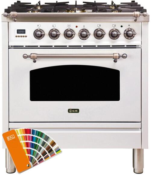 ILVE 30" Nostalgie Series Freestanding Single Oven Dual Fuel Range with 5 Sealed Burners in Custom RAL Color with Bronze Trim (UPN76DMPRALY)