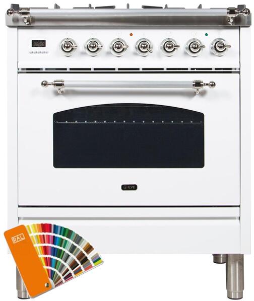 ILVE 30" Nostalgie Series Freestanding Single Oven Dual Fuel Range with 5 Sealed Burners in Custom RAL Color with Chrome Trim (UPN76DMPRALX)