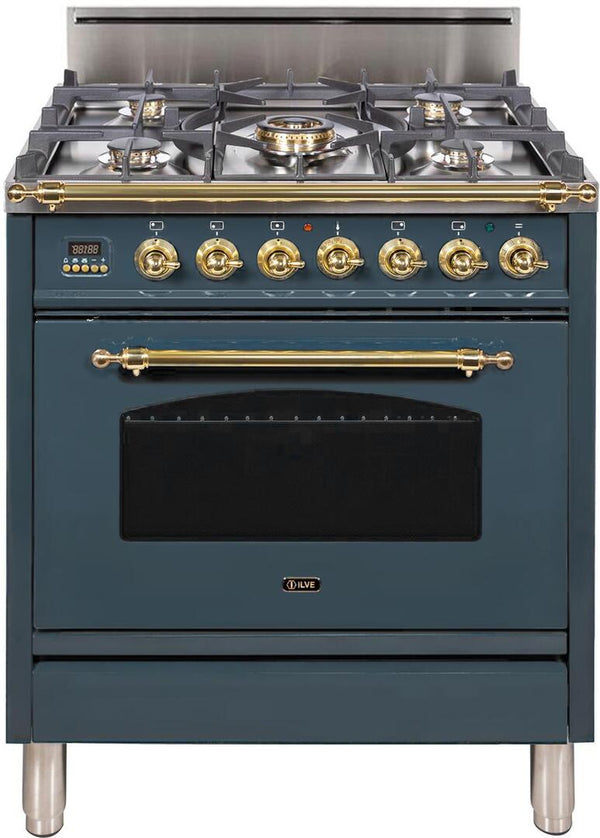 ILVE 30" Nostalgie Series Freestanding Single Oven Gas Range with 5 Sealed Burners in Blue Grey with Brass Trim (UPN76DVGGGU)