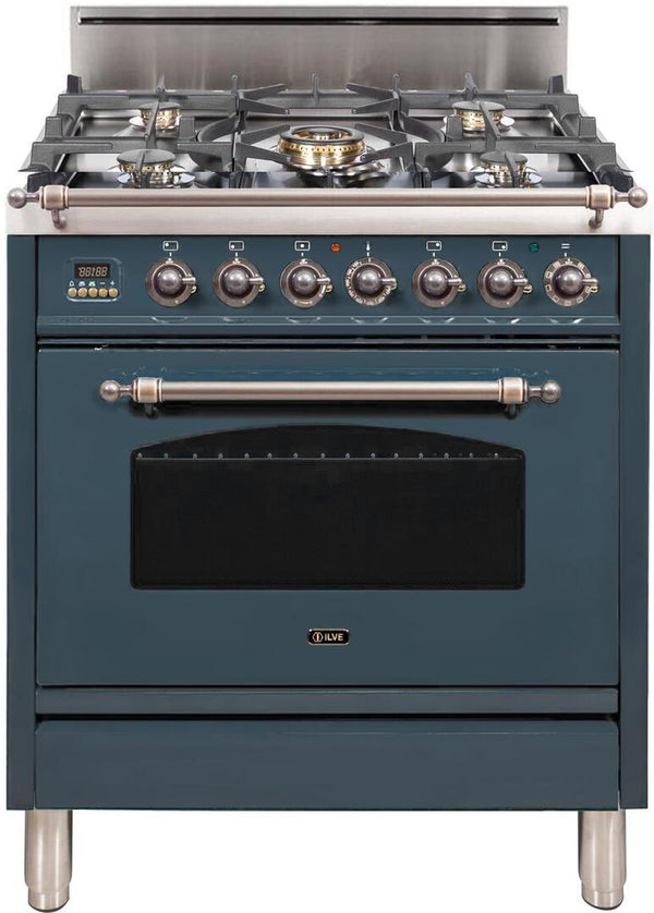 ILVE 30" Nostalgie Series Freestanding Single Oven Gas Range with 5 Sealed Burners in Blue Grey with Bronze Trim (UPN76DVGGGUY)