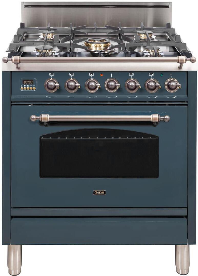 ILVE 30" Nostalgie Series Freestanding Single Oven Gas Range with 5 Sealed Burners in Blue Grey with Bronze Trim (UPN76DVGGGUY)