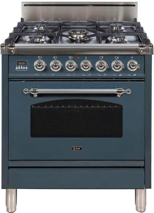 ILVE 30" Nostalgie Series Freestanding Single Oven Gas Range with 5 Sealed Burners in Blue Grey with Chrome Trim (UPN76DVGGGUX)