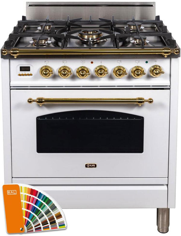 ILVE 30" Nostalgie Series Freestanding Single Oven Gas Range with 5 Sealed Burners in Custom RAL Color with Brass Trim (UPN76DVGGRAL)