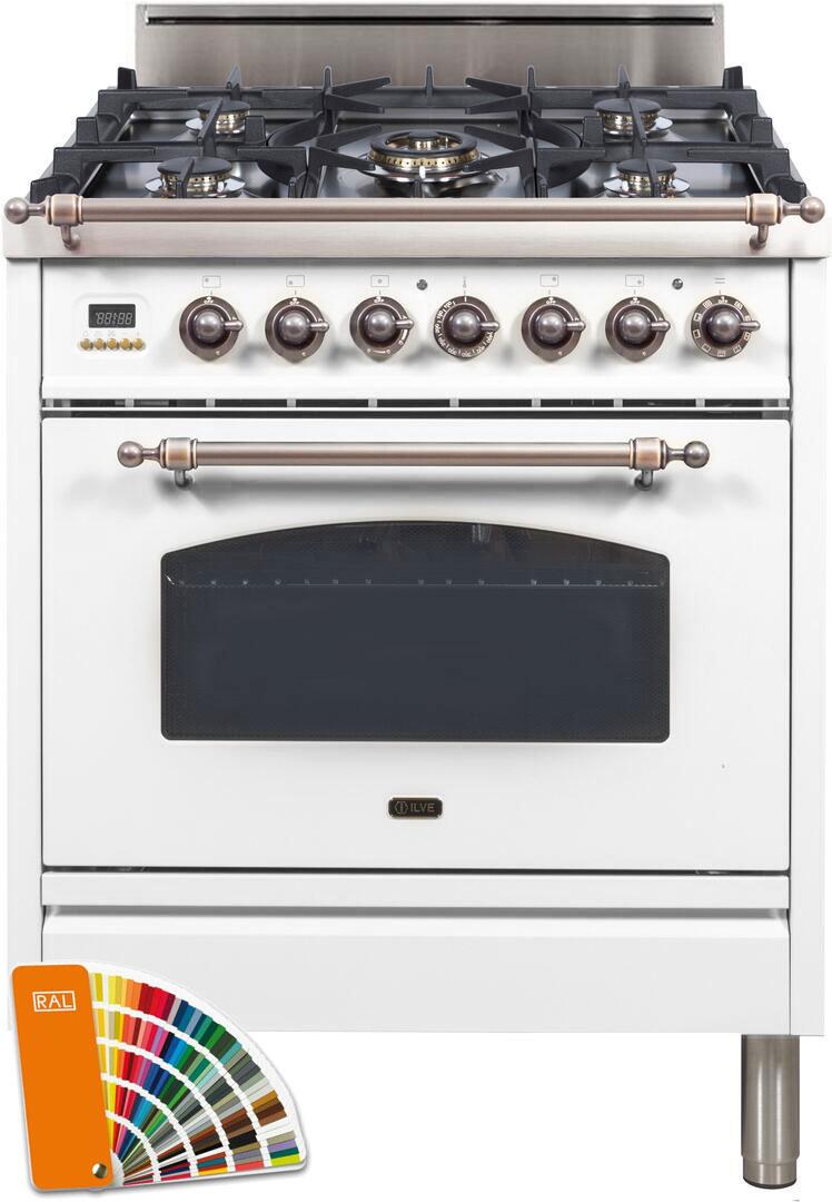 ILVE 30" Nostalgie Series Freestanding Single Oven Gas Range with 5 Sealed Burners in Custom RAL Color with Bronze Trim (UPN76DVGGRALY)