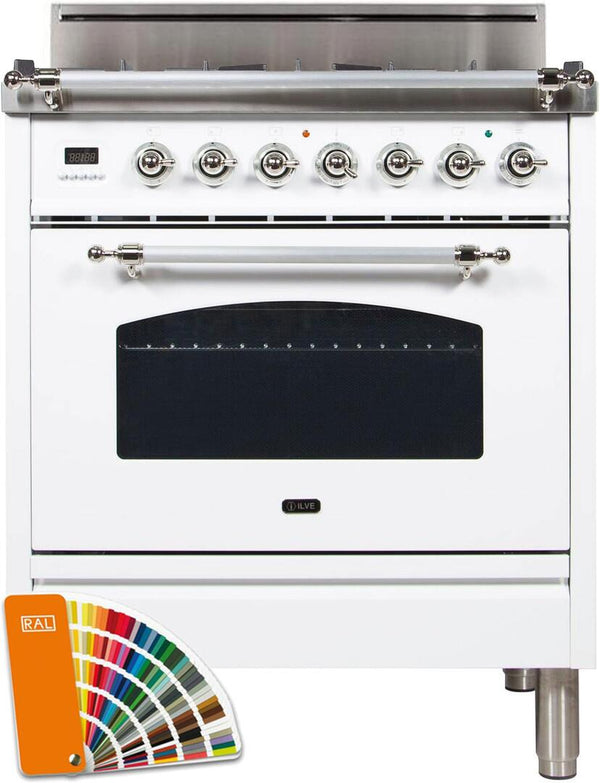 ILVE 30" Nostalgie Series Freestanding Single Oven Gas Range with 5 Sealed Burners in Custom RAL Color with Chrome Trim (UPN76DVGGRALX)