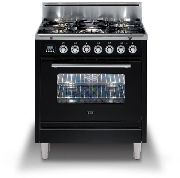 ILVE 30" Professional Plus All Gas Range with 5 Burners - in Glossy Black with Chrome Trim (UPW76DVGGN)