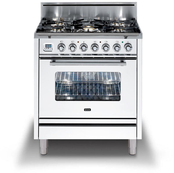 ILVE 30" Professional Plus All Gas Range with 5 Sealed Burners - in White with Chrome Trim (UPW76DVGGB)