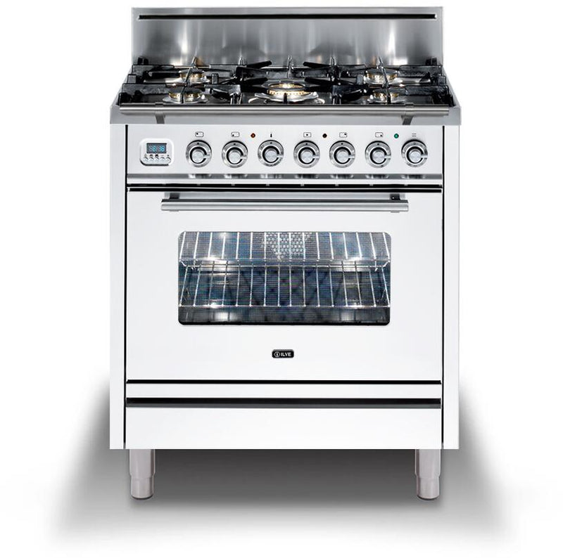 ILVE 30" Professional Plus All Gas Range with 5 Sealed Burners - in White with Chrome Trim (UPW76DVGGB)